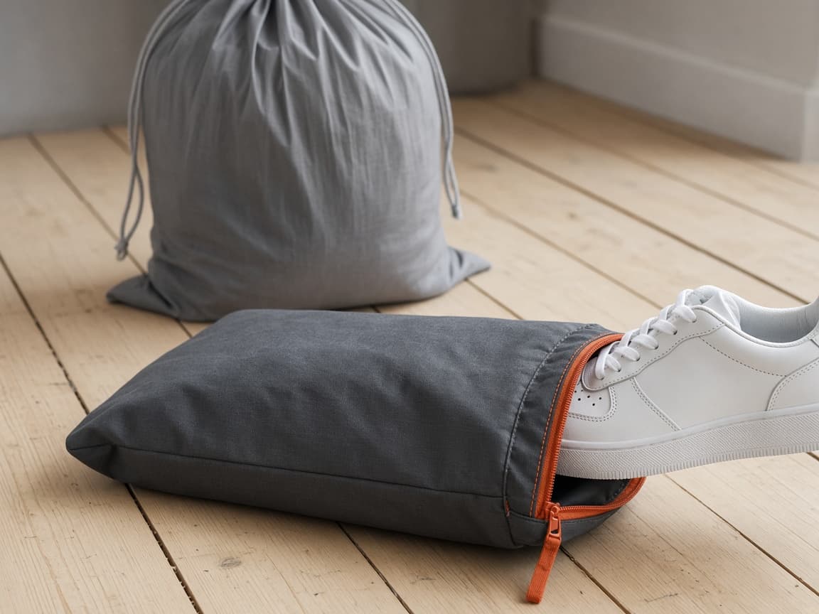 Zipped shoe bag with a trainer being slid inside, a drawstring laundry sack standing behind it