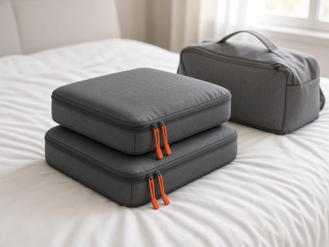 Two slim compression packing cubes stacked on a hotel bed next to a grey cabin holdall