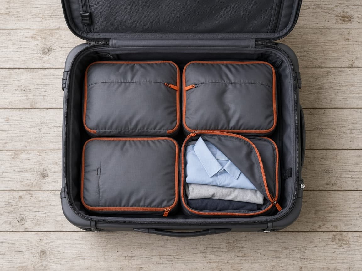 Open cabin suitcase packed with four slim compression cubes fitted edge to edge, one open showing folded shirts