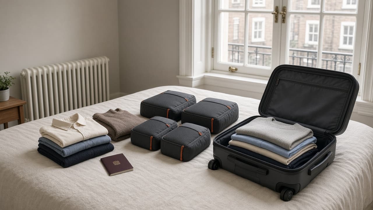 Packing cubes and folded clothes laid out on a bed beside an open cabin case in a British flat